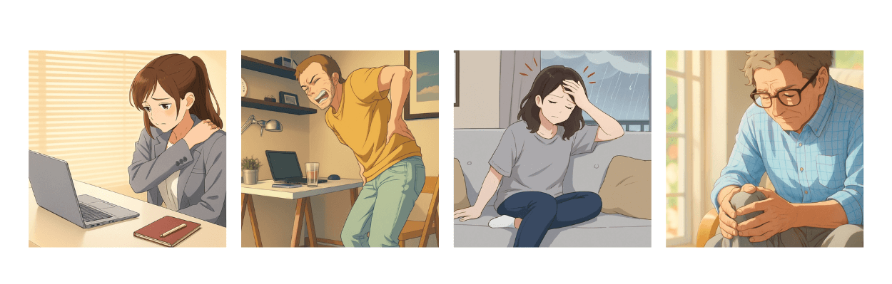 肩こり、腰痛、頭痛、膝痛で悩んでいる人達